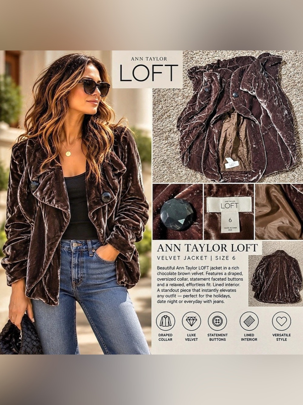 Ann Taylor LOFT Velvet Jacket in Brown Size 6 Like New
